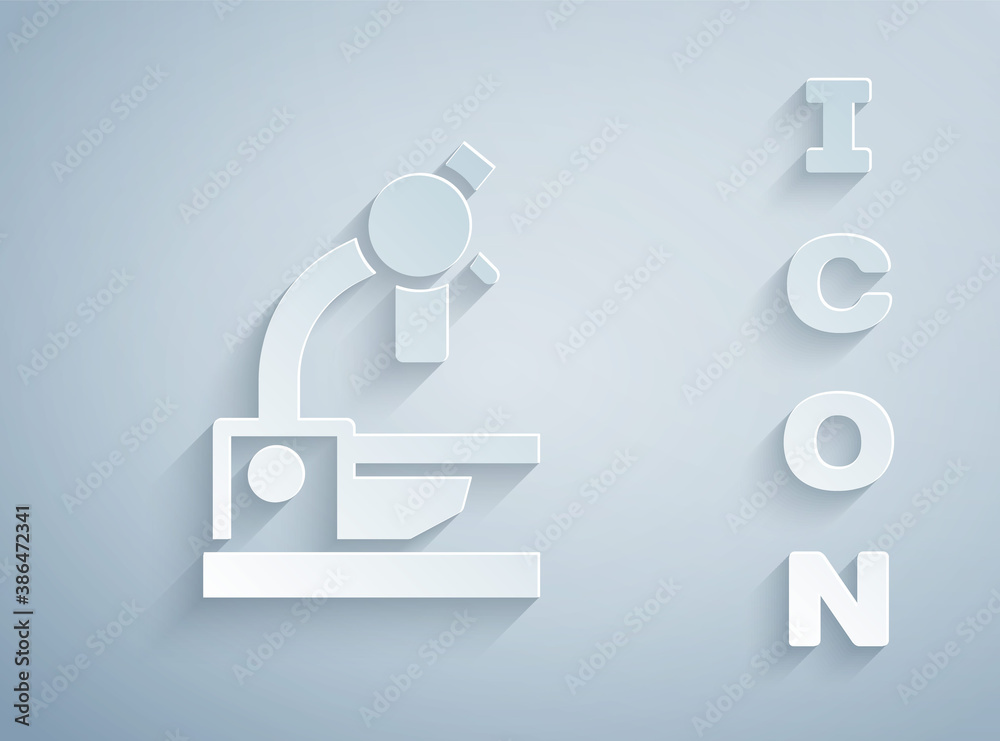 Paper cut Microscope icon isolated on grey background. Chemistry, pharmaceutical instrument, microbiology magnifying tool. Paper art style. Vector.