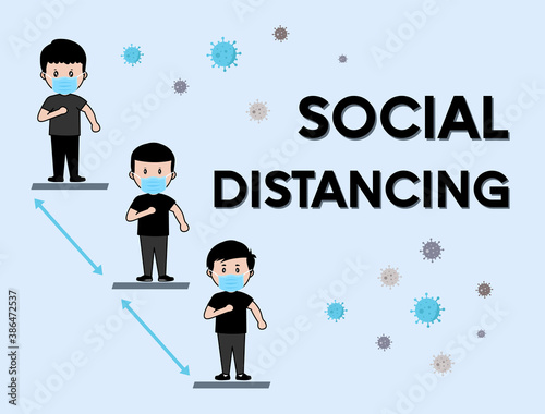 Social Distancing and New normal life, keep distance in public society people to protect from COVID-19 coronavirus outbreak spreading concept. People wearing a face mask with arrow distance between.