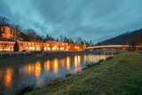  Evening view of the Becva river near Teplice nad Becva spa. Christmas. Czechia. Europe. 