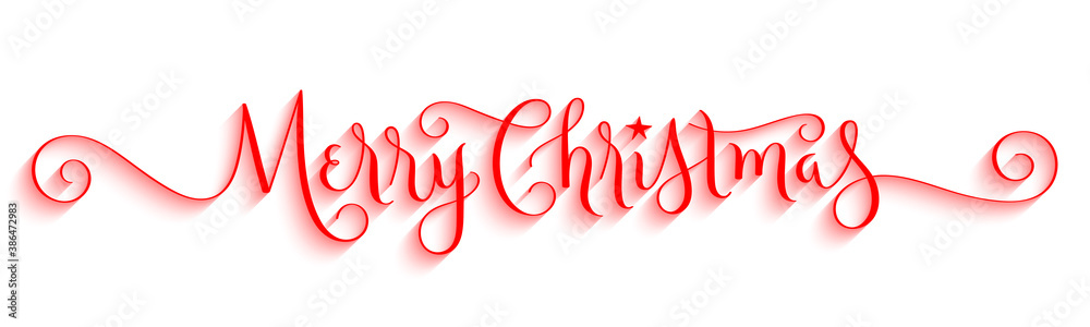 Naklejka MERRY CHRISTMAS red vector brush calligraphy banner with spiral flourishes