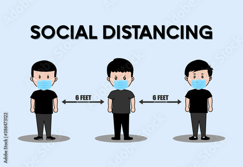 Social distancing during the Covid-19 pandemic. 3 guys in a protective medical mask at a distance of 6 feets from each other. Vector illustration