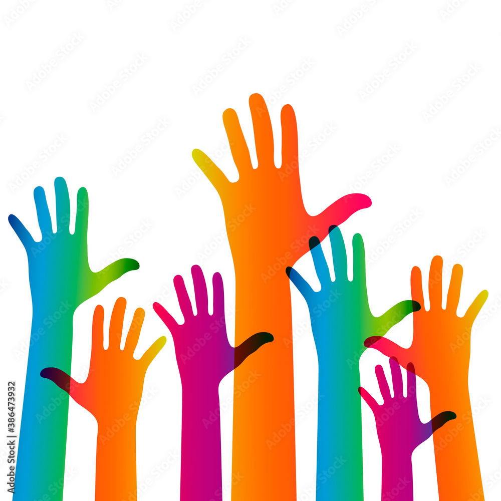 Hands on a light background. Colorful silhouettes arms. Vector team, help, friendship symbol illustration. Hands on a light background. Colorful silhouettes arms. Vector team, help, friendship symbol illustration.