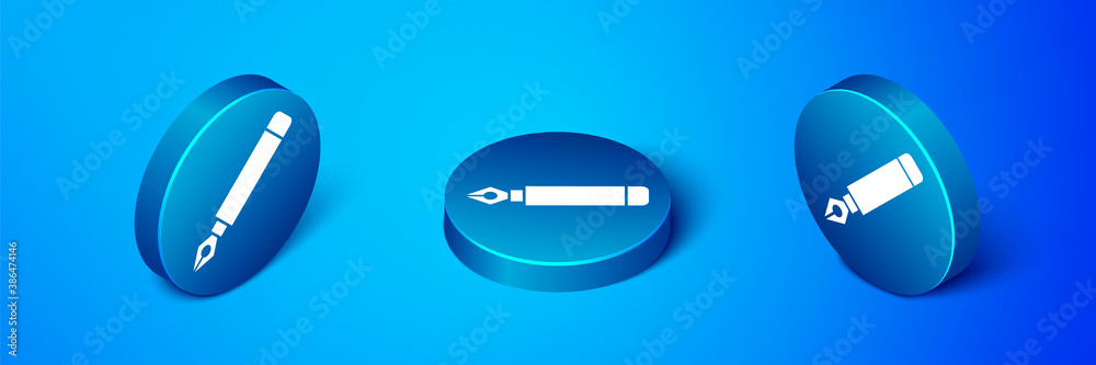 Isometric Fountain pen nib icon isolated on blue background. Pen tool sign. Blue circle button. Vector. Isometric Fountain pen nib icon isolated on blue background. Pen tool sign. Blue circle button. Vector.