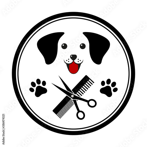 illustration emblem for dog hair salon, haircut and grooming shop on a white background