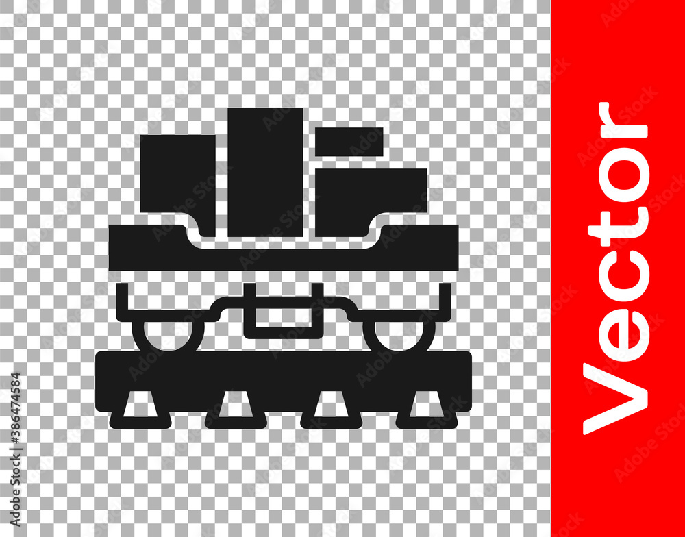 Black Cargo train wagon icon isolated on transparent background. Full freight car. Railroad transportation. Vector. Black Cargo train wagon icon isolated on transparent background. Full freight car. Railroad transportation. Vector.