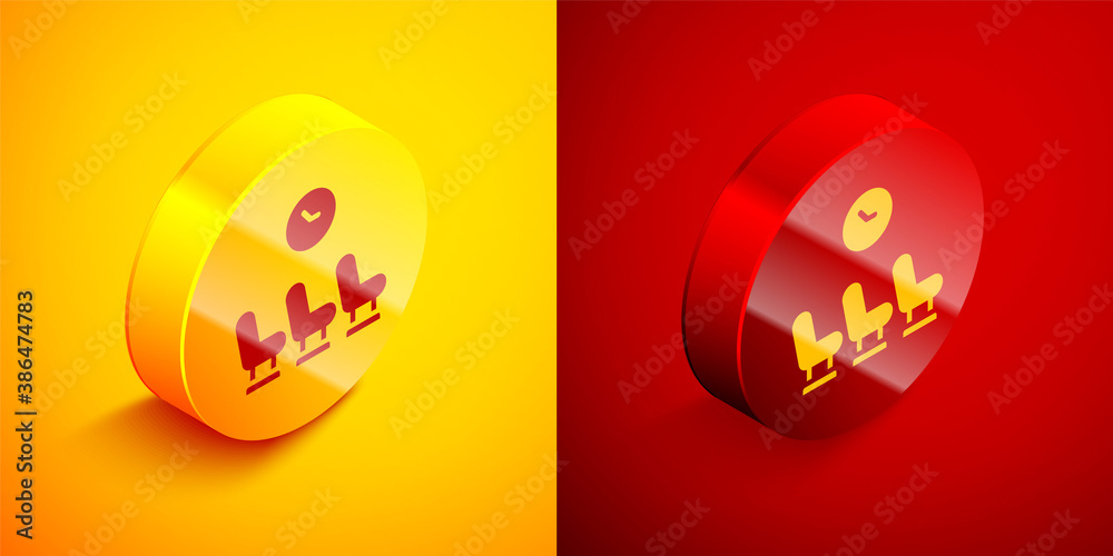 Isometric Waiting room icon isolated on orange and red background. Circle button. Vector.