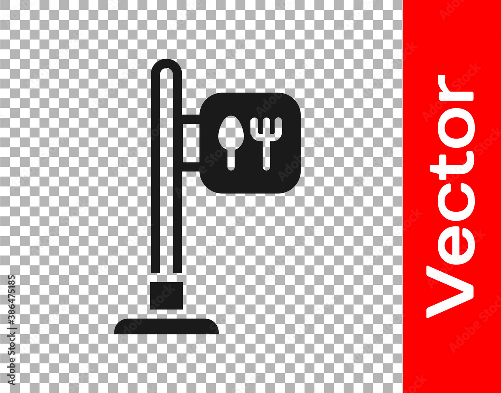 Black Cafe and restaurant location icon isolated on transparent background. Fork and spoon eatery sign inside pinpoint. Vector.. Black Cafe and restaurant location icon isolated on transparent background. Fork and spoon eatery sign inside pinpoint. Vector..