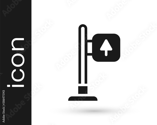 Black Road traffic sign. Signpost icon isolated on white background. Pointer symbol. Street information sign. Direction sign. Vector.