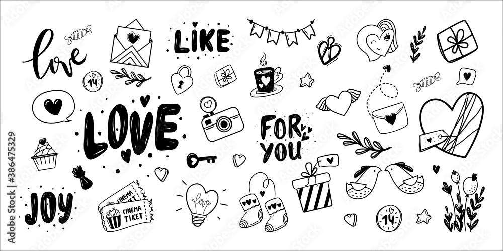 Valentine's Day theme doodle big monochrome set. Traditional romantic symbols heart shapes, key, tickets, arrows, gift box, for you letters, love letters, candys. Freehand vector drawing Valentine's Day theme doodle big monochrome set. Traditional romantic symbols heart shapes, key, tickets, arrows, gift box, for you letters, love letters, candys. Freehand vector drawing