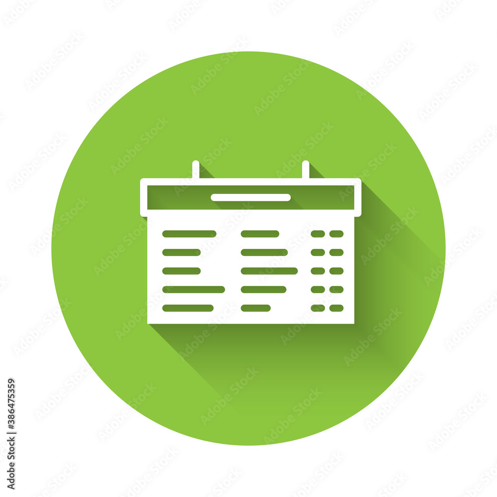 White Train station board icon isolated with long shadow. Mechanical scoreboard. Info of flight on the billboard in the train. Green circle button. Vector. White Train station board icon isolated with long shadow. Mechanical scoreboard. Info of flight on the billboard in the train. Green circle button. Vector.