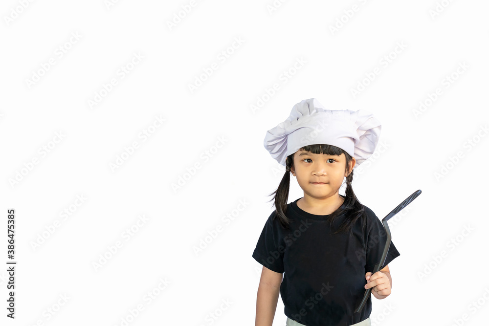 portrait asia healthy girl in wearing a white chef hat holding black plastic spatula equipment for cooking isolated on white background with clipping path & copy space portrait asia healthy girl in wearing a white chef hat holding black plastic spatula equipment for cooking isolated on white background with clipping path & copy space
