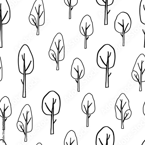 Black outline hand drawing vector illustration of a group of deciduous trees isolated on a white background. Seamless pattern