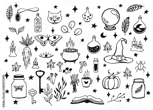 Witchcraft, magic background for witches and wizards. Vector vintage collection. Hand drawn magic tools, concept of witchcraft. Drawn magic tools: book, candles, potions, cauldron, cat, hat, balloon
