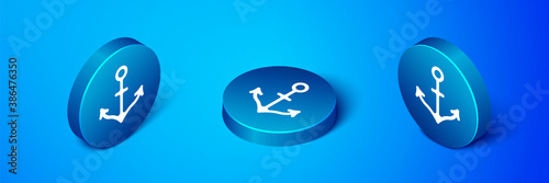 Isometric Anchor icon isolated on blue background. Blue circle button. Vector.
