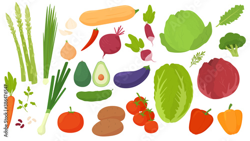 Vector vegetables icons set in cartoon style. Collection farm product for restaurant menu, market label.