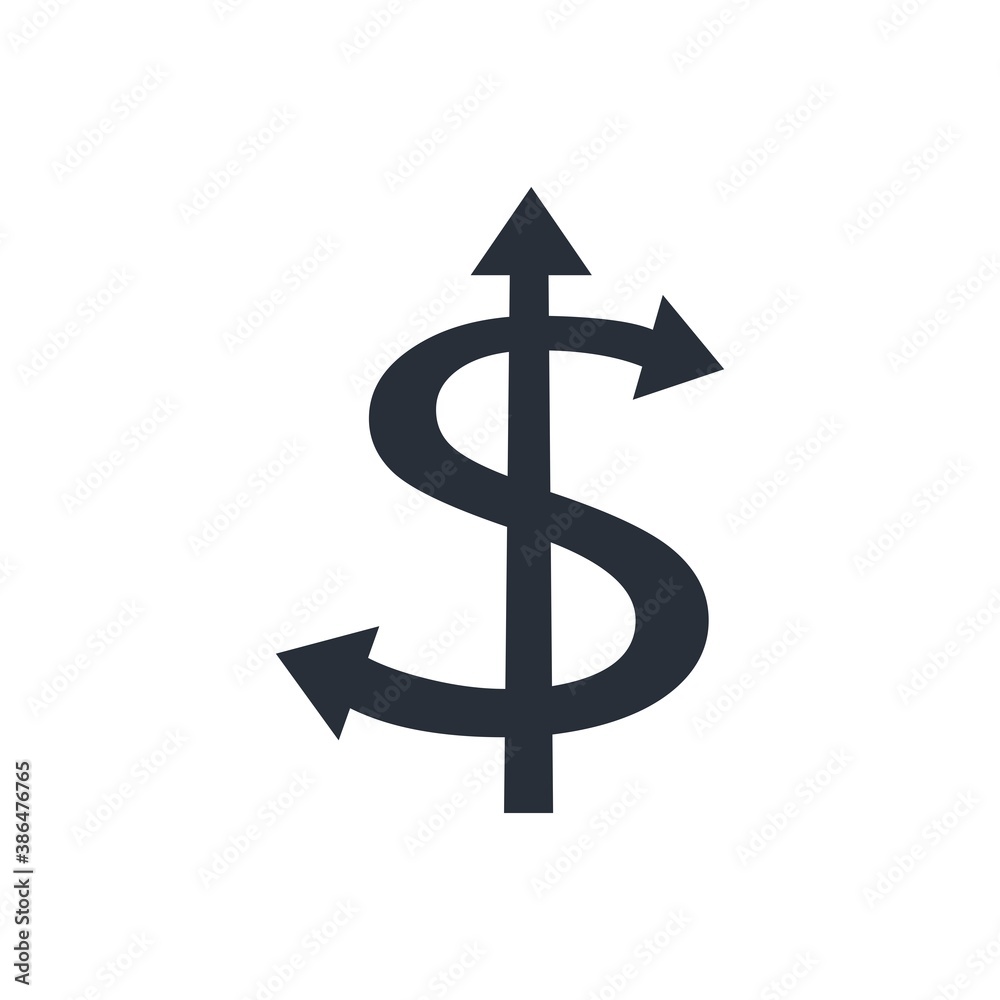 Dollar sign with arrow pointers. Financial directions perspective. Vector icon isolated on white background. Dollar sign with arrow pointers. Financial directions perspective. Vector icon isolated on white background.