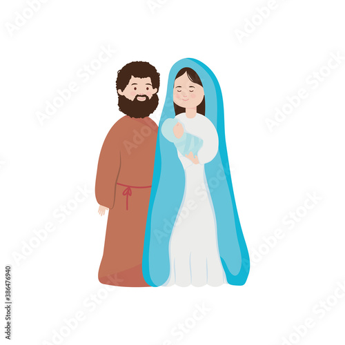 Nativity family, Joseph and virgin mary holding a baby jesus in her arms, flat style