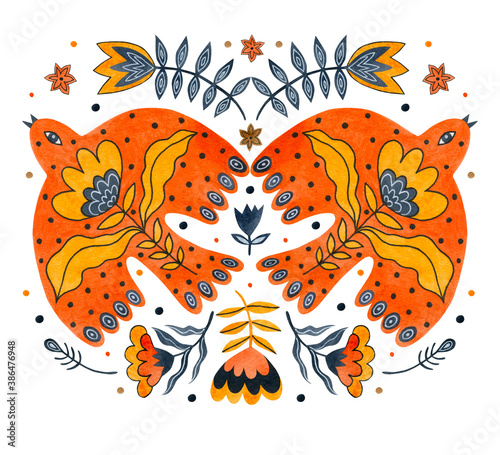 Watercolor compositions with birds and flowers in folk art for Christmas, New Year.