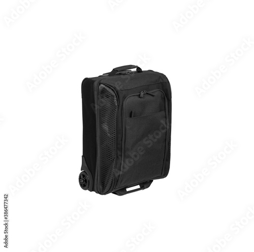 Suitcase with telescopic handle and on wheels isolate on white back. Baggage on a travel or business trip