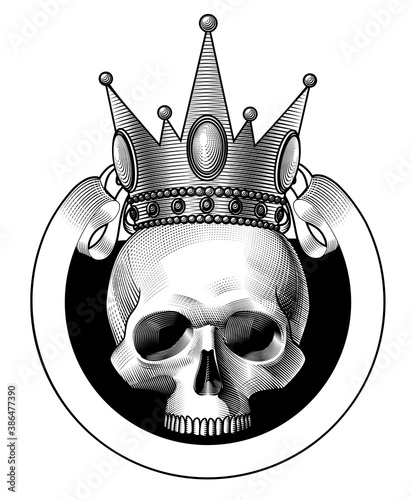 Human skull full face in crown and a retro ribbon banner isolated on white. Black and white tattoo symbol