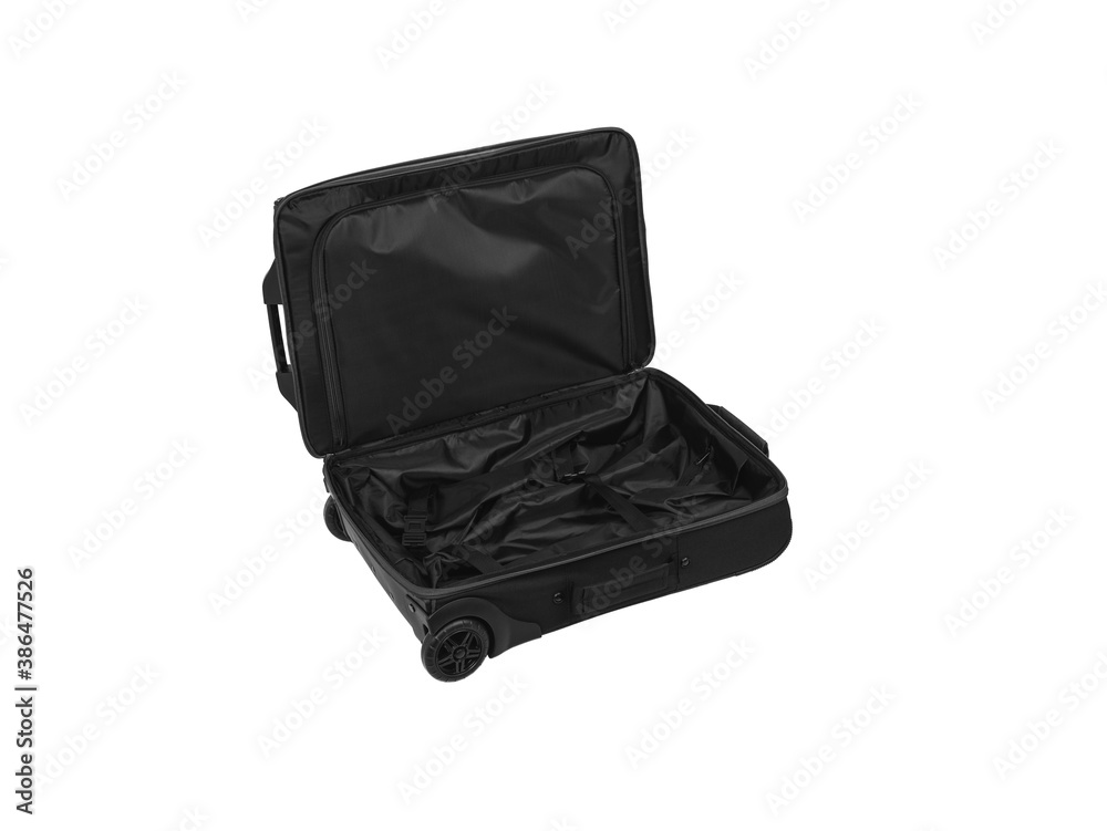 Open suitcase with telescopic handle and on wheels isolate on white back. Luggage while traveling or on a business trip. Open suitcase with telescopic handle and on wheels isolate on white back. Luggage while traveling or on a business trip.
