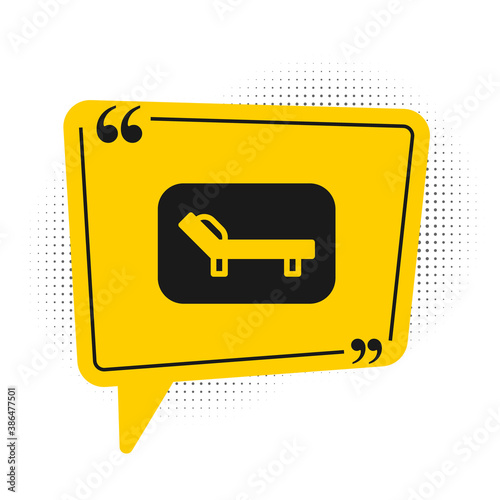 Black Sunbed icon isolated on white background. Sun lounger. Yellow speech bubble symbol. Vector.