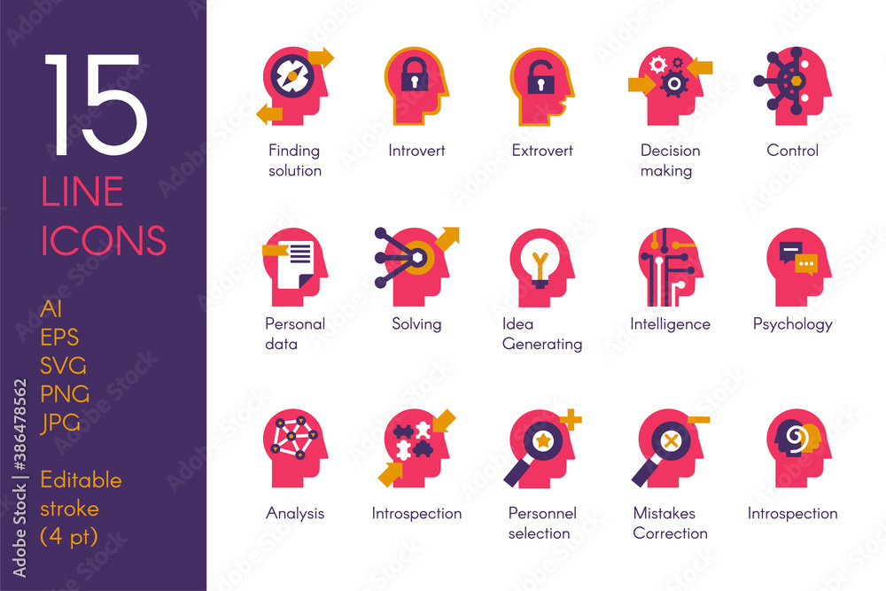 Human mind processes flat vector icons set Human mind processes flat vector icons set