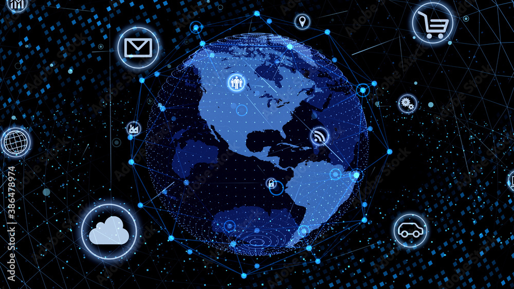 Technology Icon Network World Internet Digital devices on space Earth 3D illustration Technology Icon Network World Internet Digital devices on space Earth 3D illustration