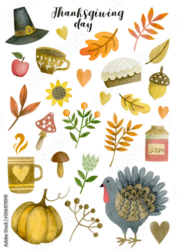 Set of watercolor images for Thanksgiving Day isolated on white background. Stickers.