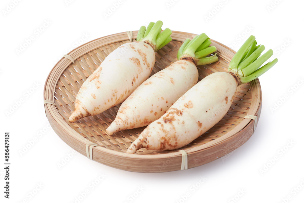 baby white radish in dish isolated on white background with clipping path baby white radish in dish isolated on white background with clipping path