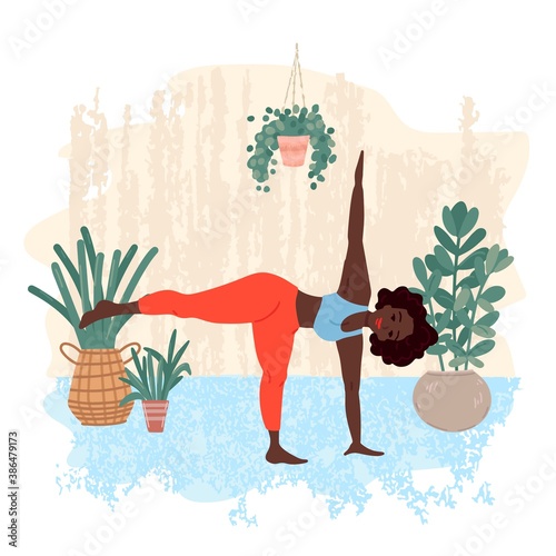 Woman do yoga. Pattern of plants.Outdoor sports, online activity at home. Vector illustration