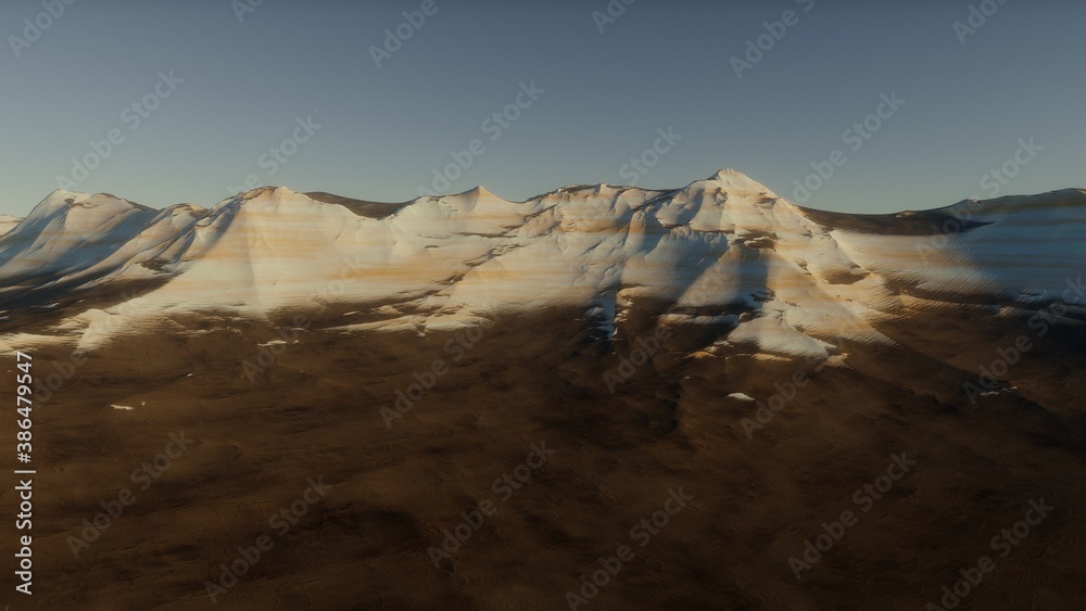 Fototapeta premium space art with landscape and planets in the sky. Mountains and clouds 3d render 