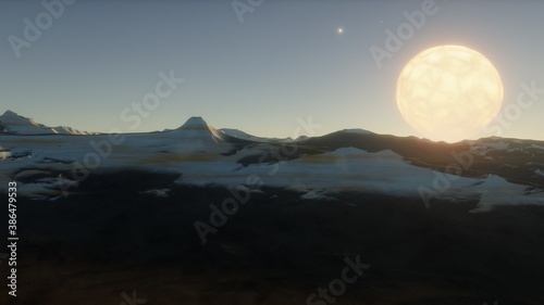 space art with landscape and planets in the sky. Mountains and clouds 3d render  