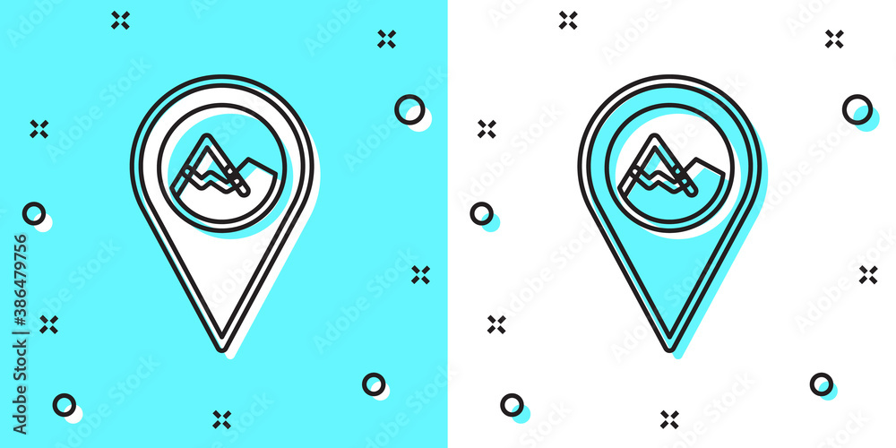 Black line Map pointer with mountain icon isolated on green and white background. Mountains travel icon. Random dynamic shapes. Vector. Black line Map pointer with mountain icon isolated on green and white background. Mountains travel icon. Random dynamic shapes. Vector.