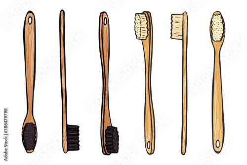Set of bamboo toothbrushes isolated on white background. Color doodle style.