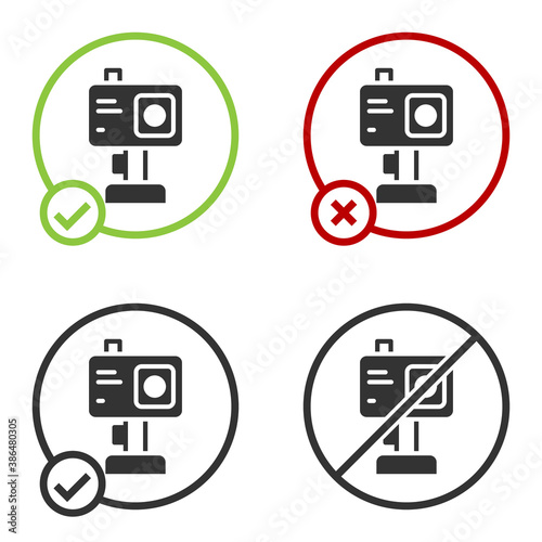 Black Action extreme camera icon isolated on white background. Video camera equipment for filming extreme sports. Circle button. Vector.