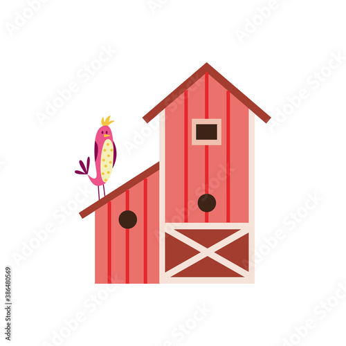 Cartoon icon of birdhouse with spring bird flat vector illustration isolated.