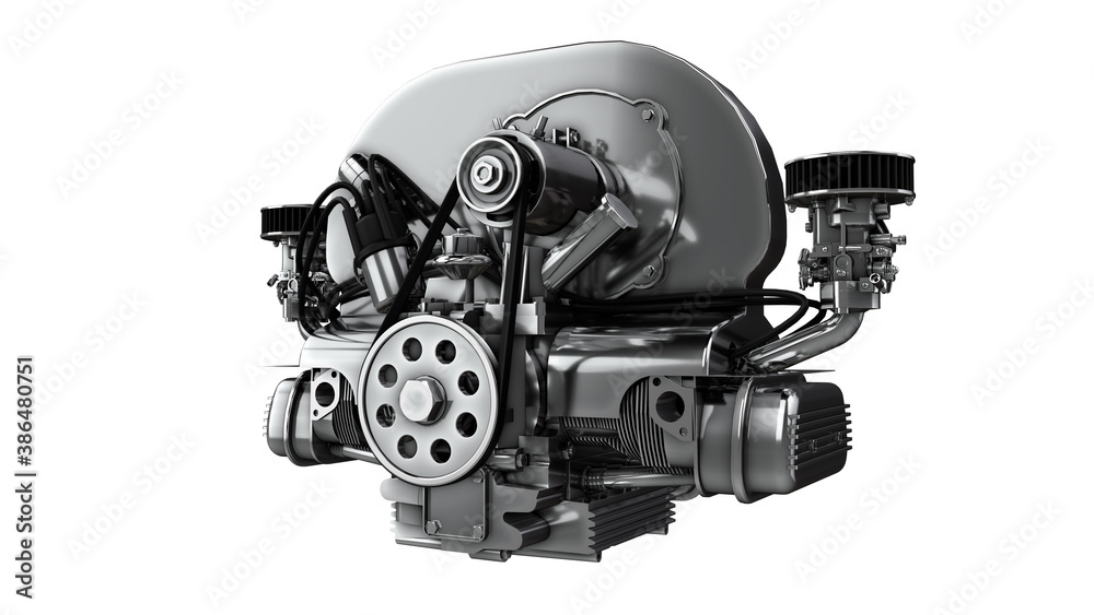 Classic air-cooled engine 3D rendering isolated on white background Classic air-cooled engine 3D rendering isolated on white background