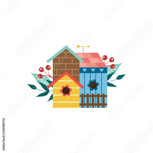 Vector isolated illustration of birdhouse with branches, berries and weather vane