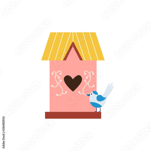 Sweet cute pink birdhouse with small bird, flat vector illustration isolated.
