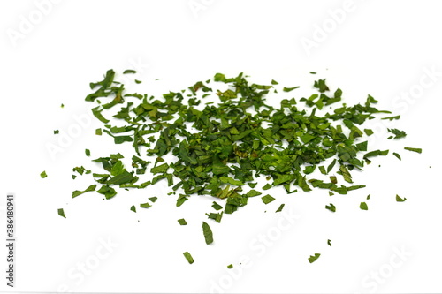 Fresh chopped celery leaves isolated on white. Aromatic Spice celery leaves.