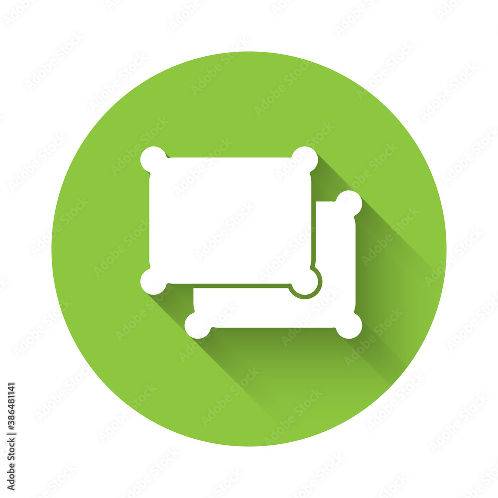 White Rectangular pillow icon isolated with long shadow. Cushion sign. Green circle button. Vector. White Rectangular pillow icon isolated with long shadow. Cushion sign. Green circle button. Vector.