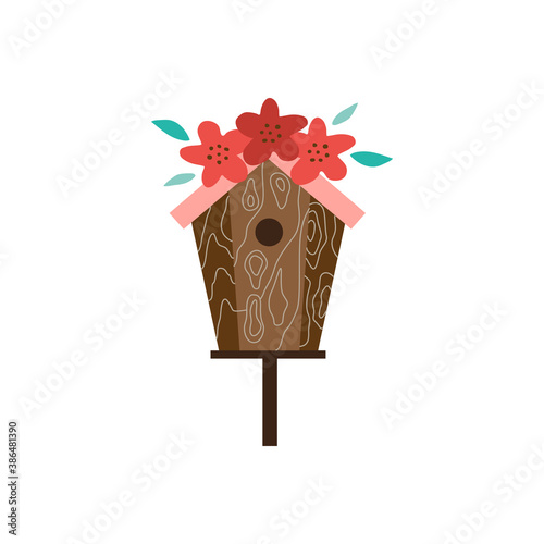 Wooden garden birdhouse with flowers on roof, flat vector illustration isolated.