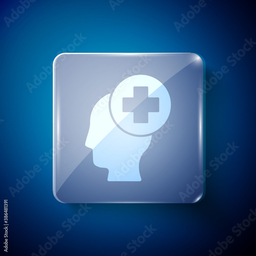 White Male head with hospital icon isolated on blue background. Head with mental health, healthcare and medical sign. Square glass panels. Vector. photo