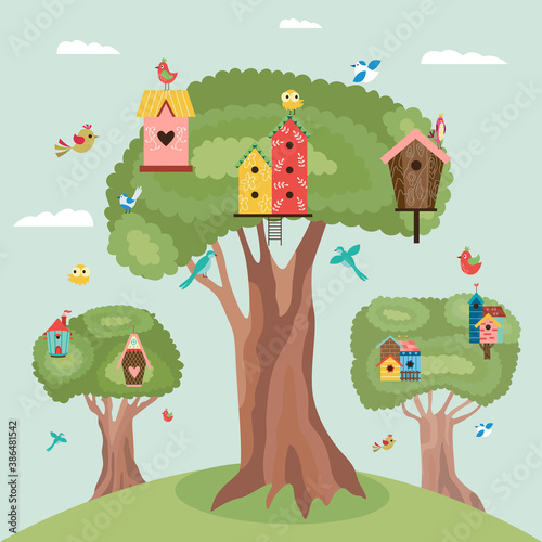 Spring season background with birdhouses on trees, flat vector illustration.