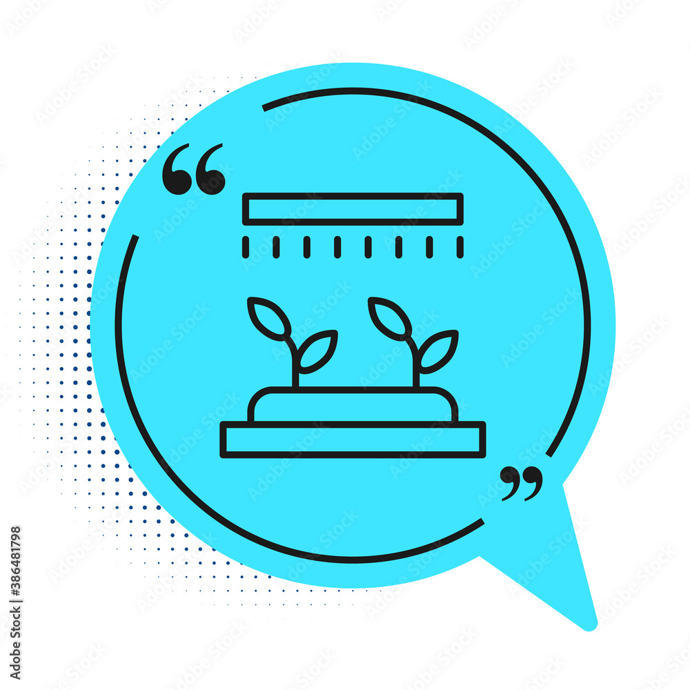 Black line Automatic irrigation sprinklers icon isolated on white background. Watering equipment. Garden element. Spray gun icon. Blue speech bubble symbol. Vector.