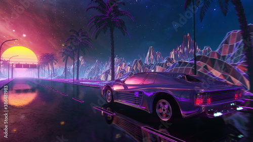 80s retro futuristic drive with vintage car. Stylized sci-fi landscape race in outrun VJ style, night sky. Vaporwave 3D illustration background for EDM music video, DJ set, club. 4k photo