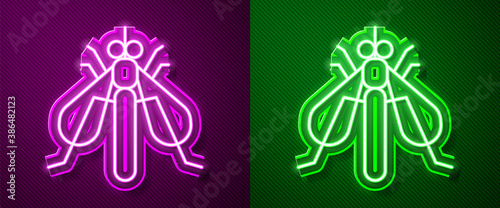 Glowing neon line Experimental insect icon isolated on purple and green background. Vector.