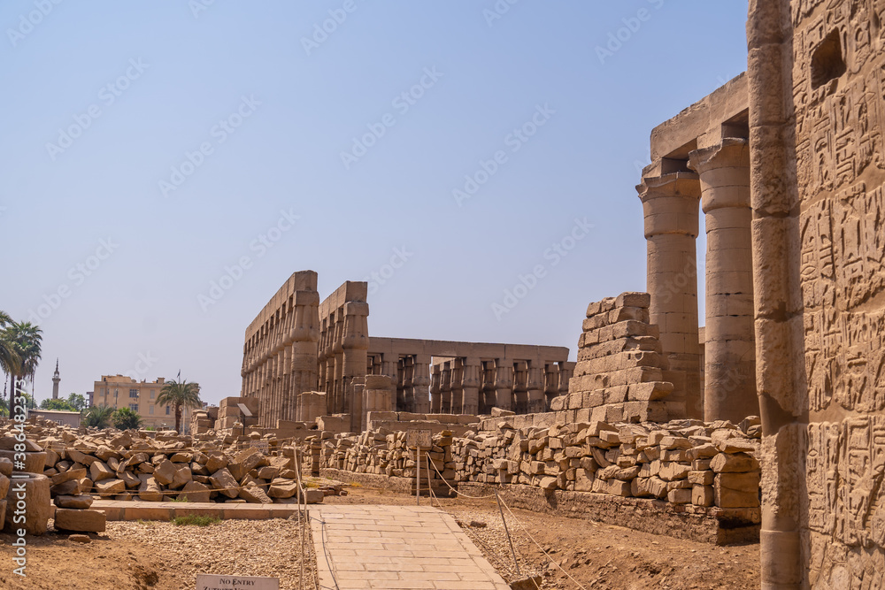 Beautiful facade of one of the most beautiful temples in Egypt. Luxor Temple with its sculptures of pharaohs and the obelisk