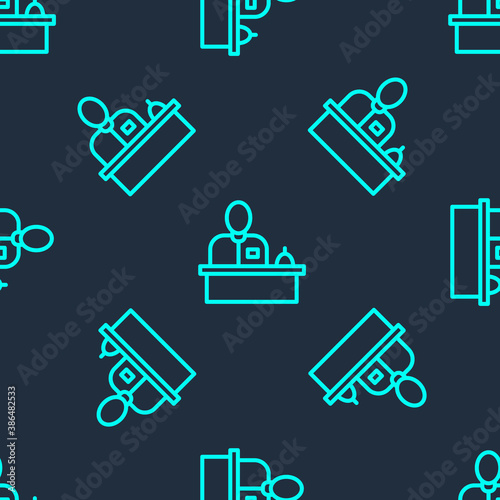 Green line Receptionist standing at hotel reception desk icon isolated seamless pattern on blue background. Vector.